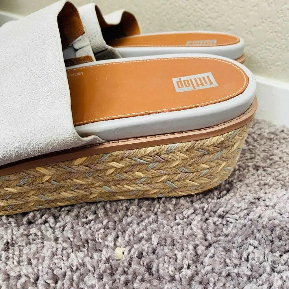 NWT FITFLOP Eloise Espadrille Suede Wedge Slides Soft Grey Size 11